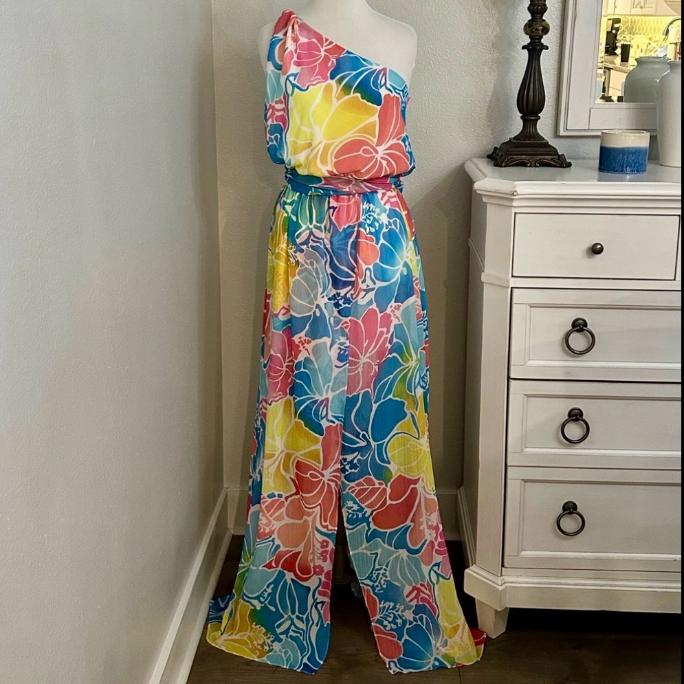 Ramy Brook Jaxx Floral One Shoulder Maxi Dress Tropical Yellow Blue Pink Size S